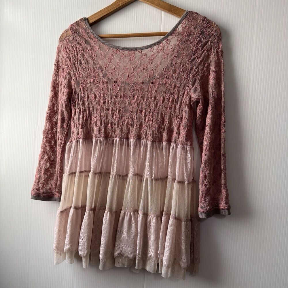 Free People Women XS Pink Lace Tiered Babydoll Tunic Top Boho Fairy Y2K Romantic - Picture 15 of 16